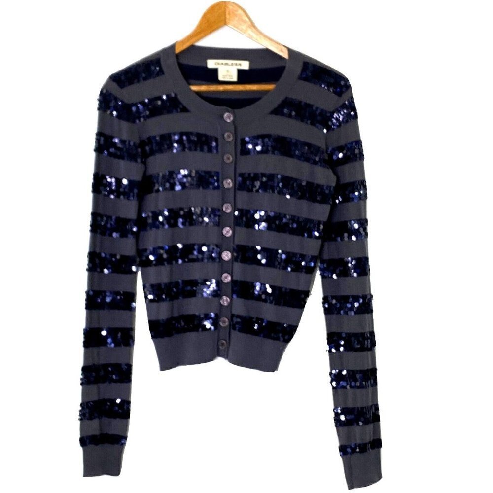 Diabless Sequin Striped Fine Knit Cardigan Sweater Women's T1 Small Gray Black